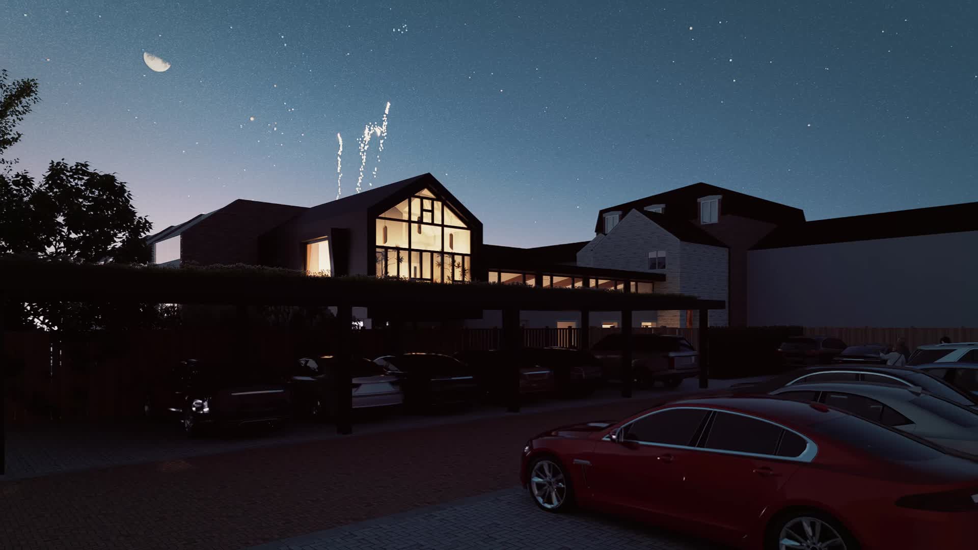 Architectural visualisation of the proposed community building, glowing with warm light at dusk
